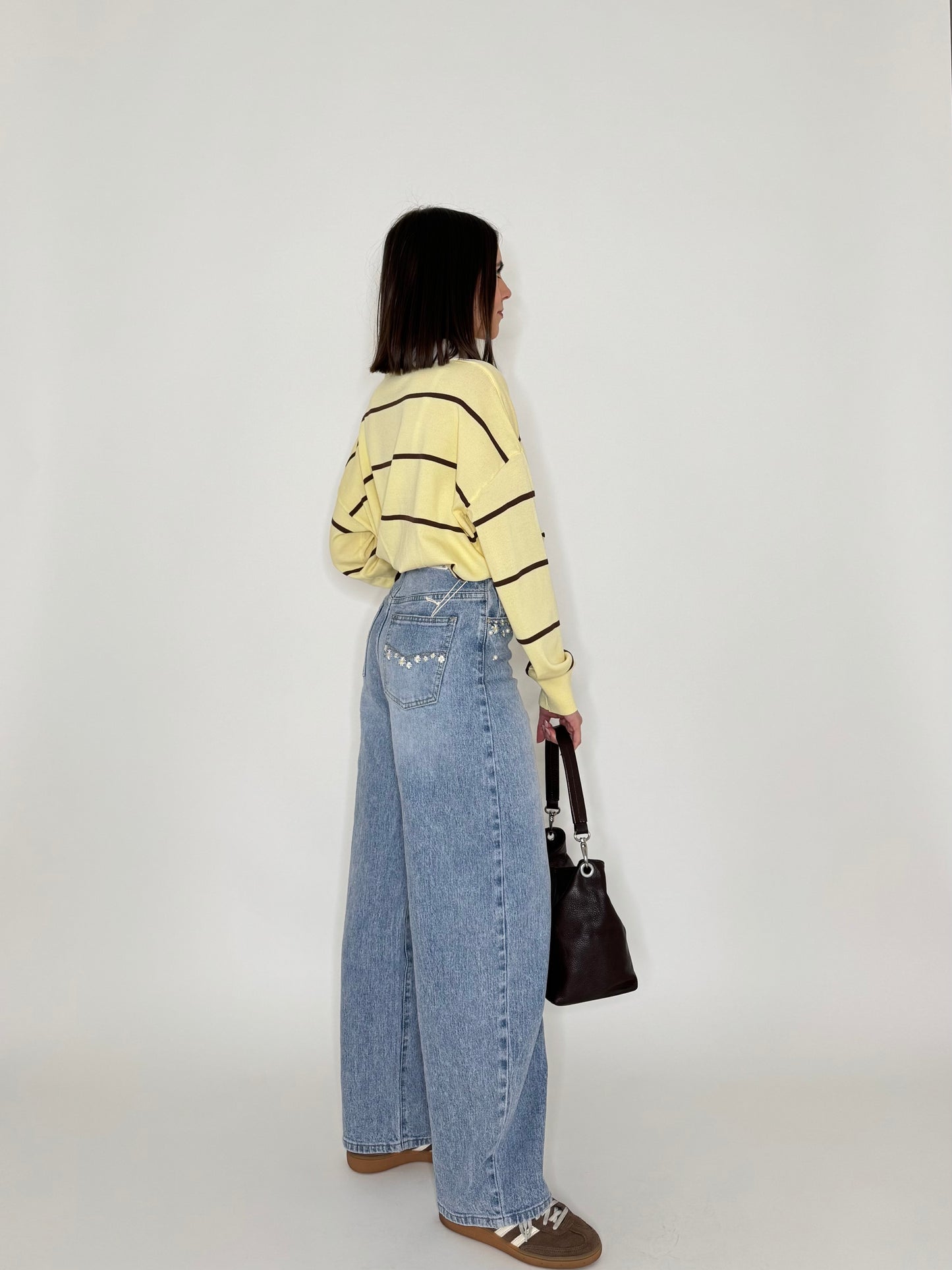 Jeans Ballon light denim ricami e caboshon