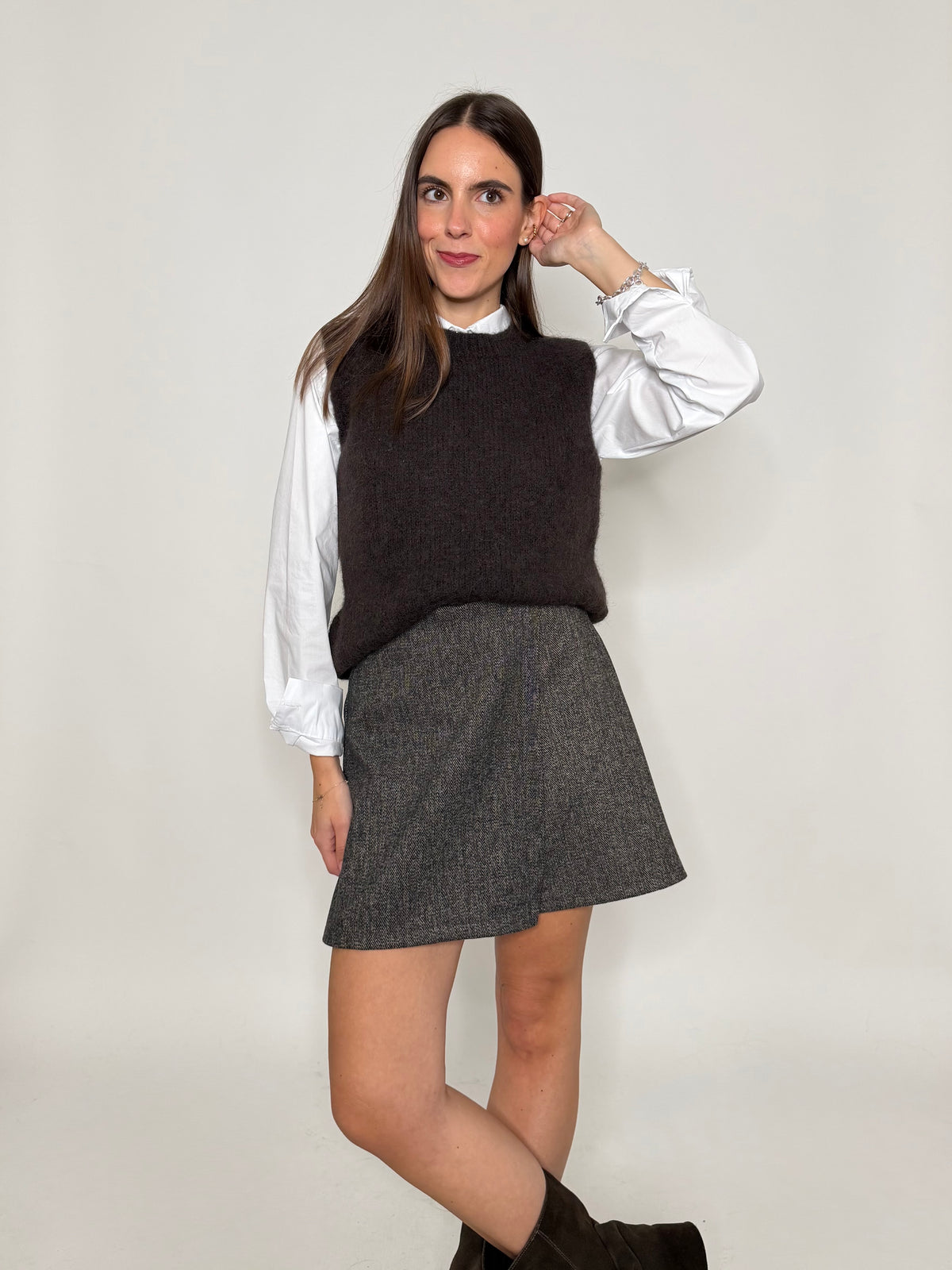 Gonna pantalone spigata in morbida viscosa moro