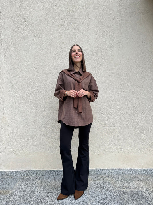 Camicia a quadretti con finto maglioncino/scialle Cioccolato