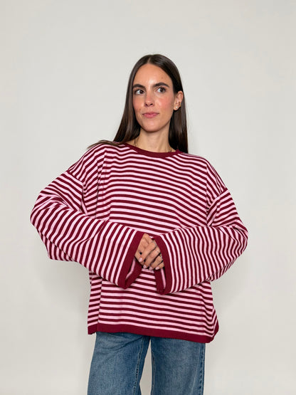 Maglia mille righe in morbida viscosa manica lunga ampia rosa india