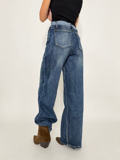 Jeans Wide Leg in Denim Blu con vita risvoltata