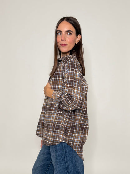 Camicia check vienna in cotone tabacco/celeste