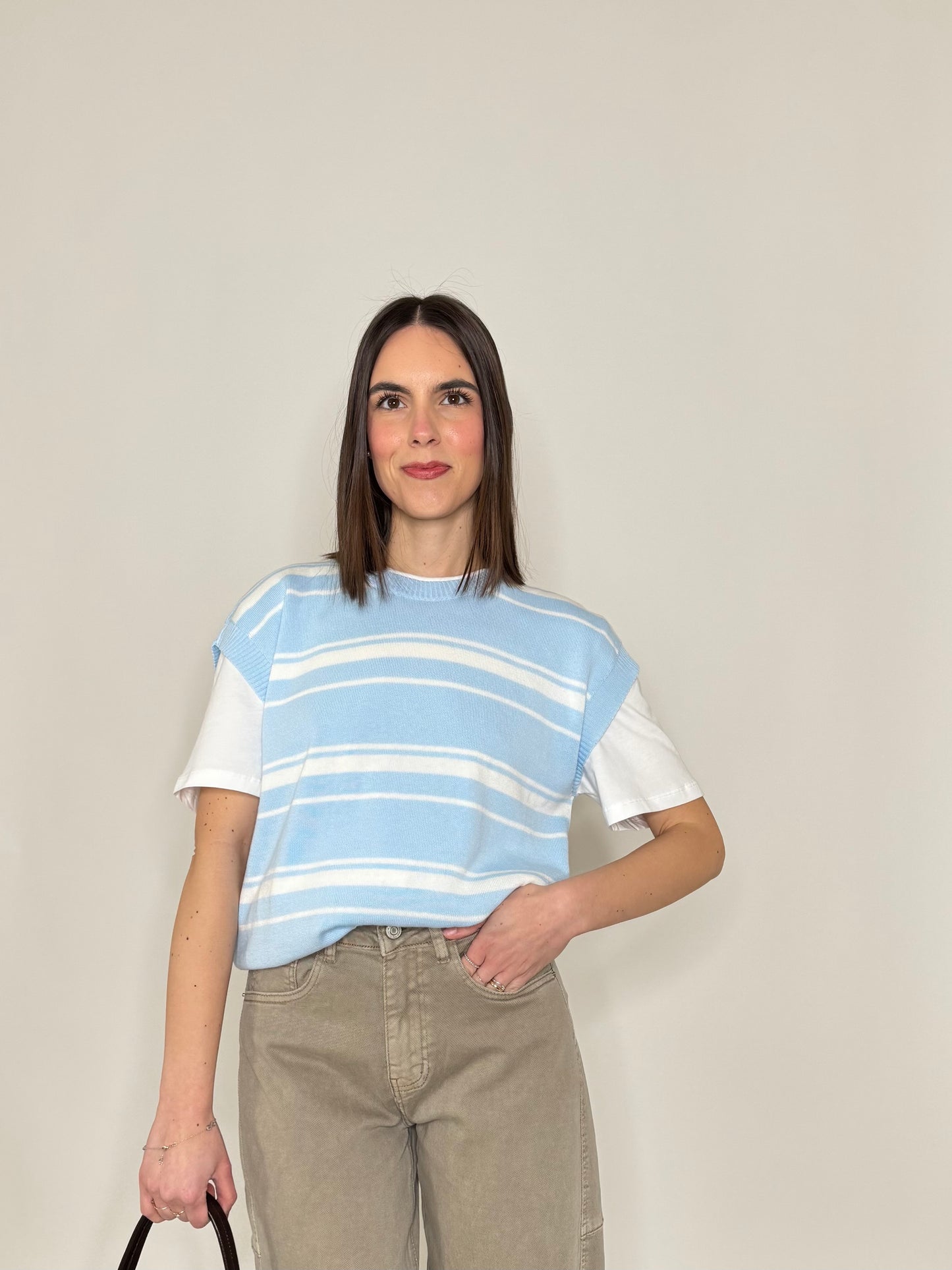 Gilet a righe in 100% cotone celeste/panna