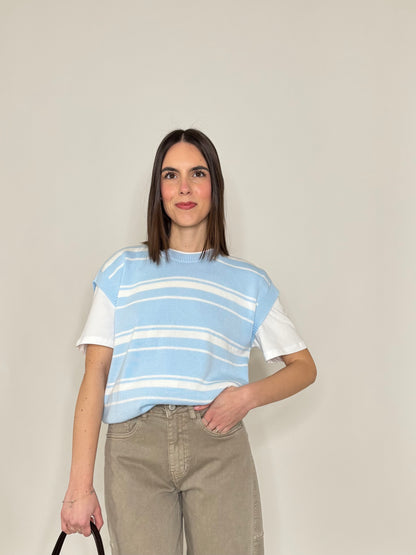 Gilet a righe in 100% cotone celeste/panna