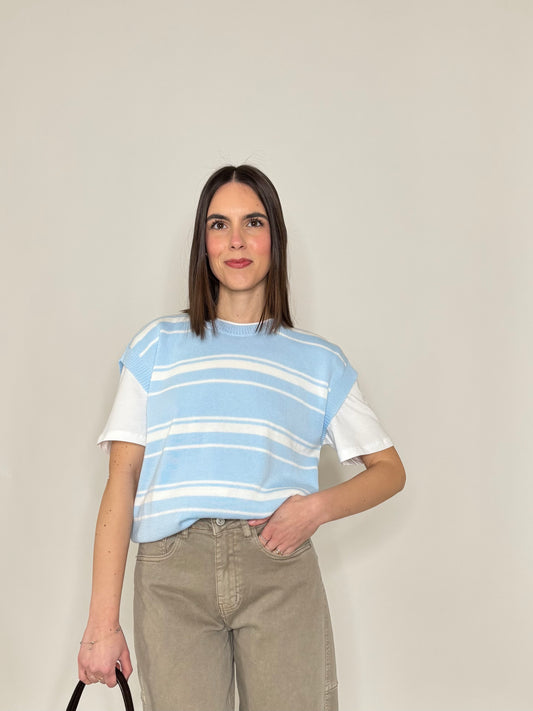 Gilet a righe in 100% cotone celeste/panna
