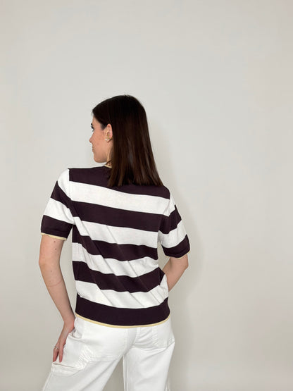 Maglia girocollo a righe manica corta in 100% cotone Moro/Panna