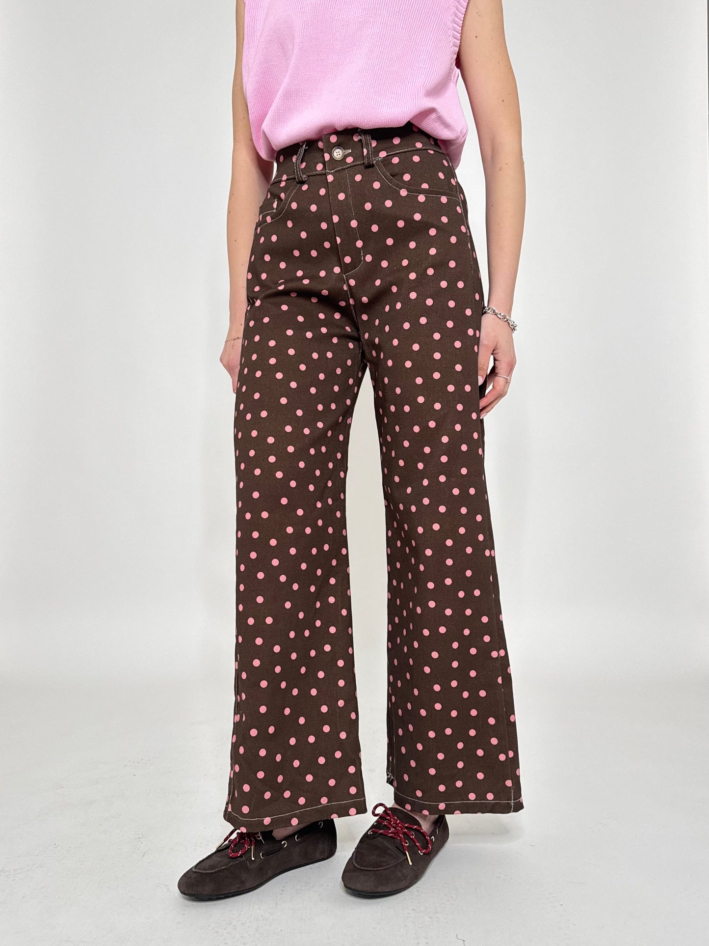 Jeans cinque tasche a pois modello wide leg Cioccolato/Rosa