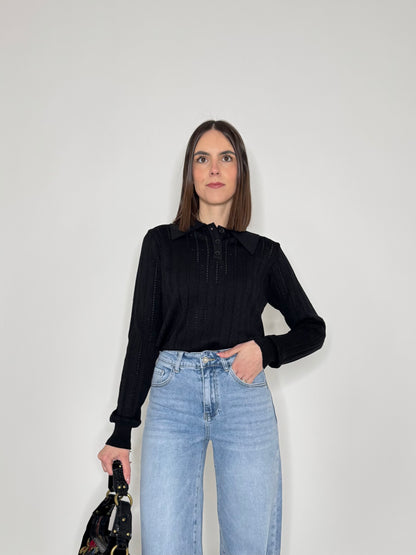 Maglia polo in viscosa con cuoricini Nero