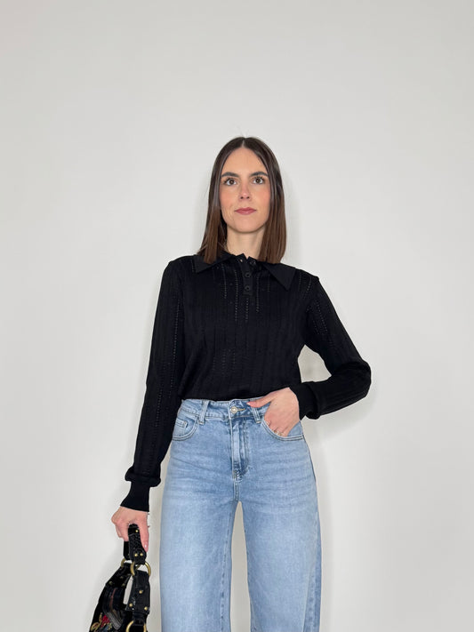 Maglia polo in viscosa con cuoricini Nero