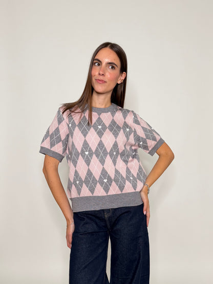 Maglia in viscosa a rombi grigio/rosa