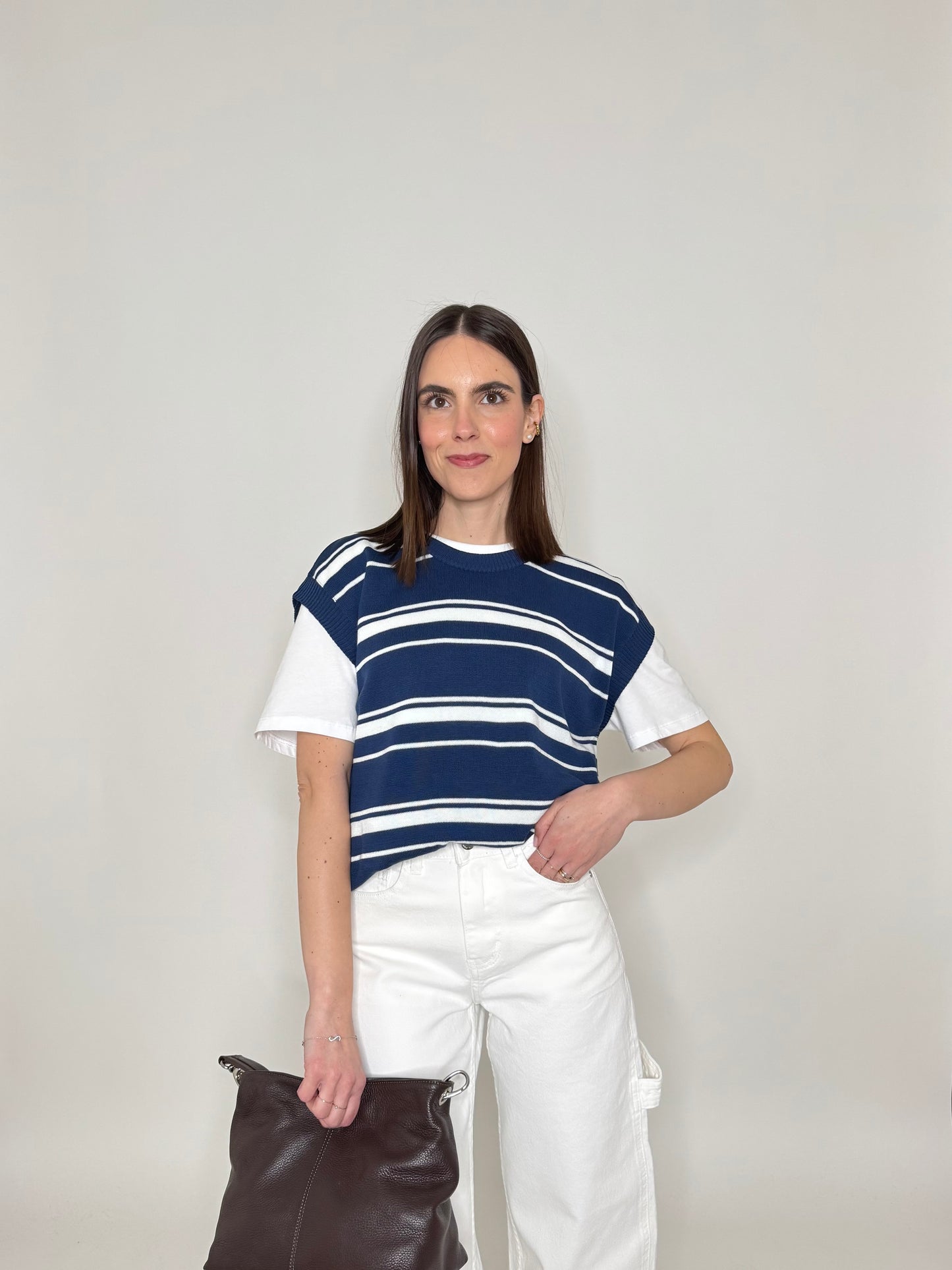 Gilet a righe in 100% cotone Blu Navy/Panna