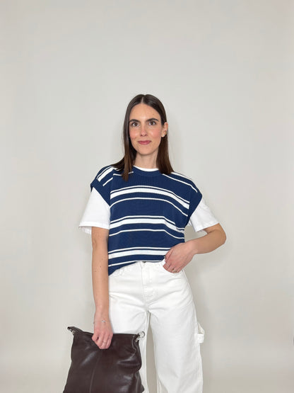 Gilet a righe in 100% cotone Blu Navy/Panna