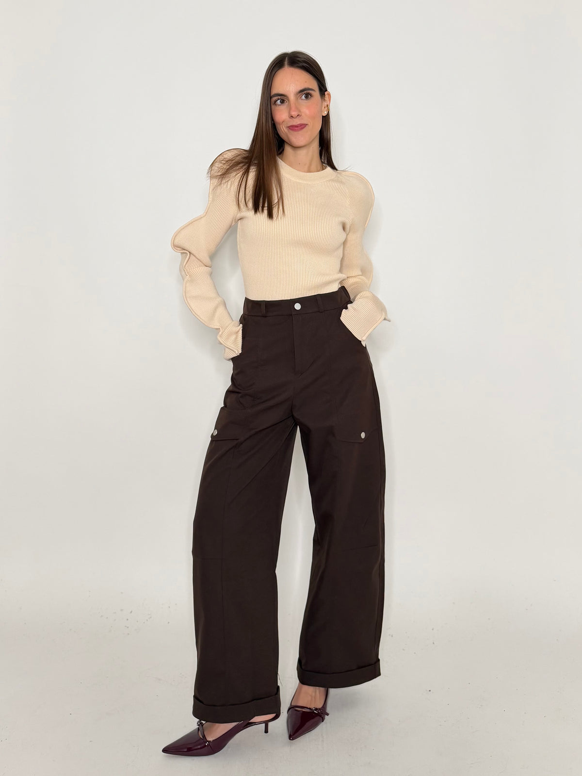 Pantalone cargo wide leg cioccolato