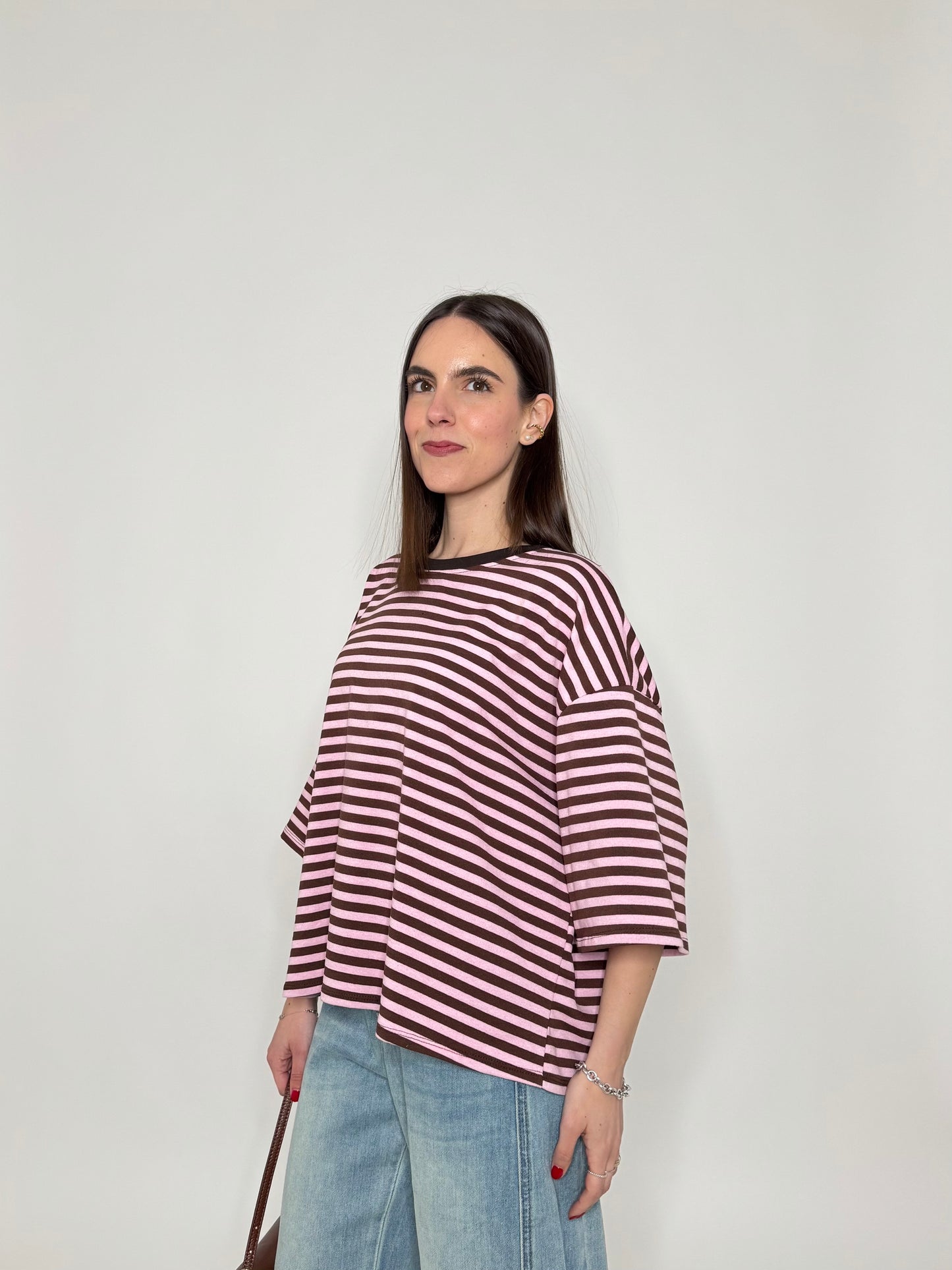 Maglia Felpa a righe light cotton in cotone Cioccolato/Rosa