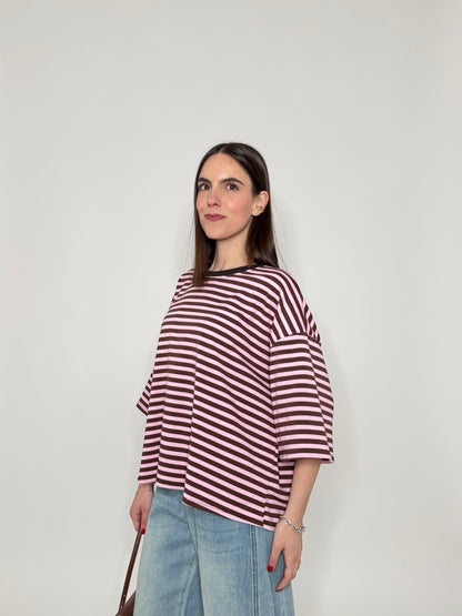 Maglia Felpa a righe light cotton in cotone Cioccolato/Rosa