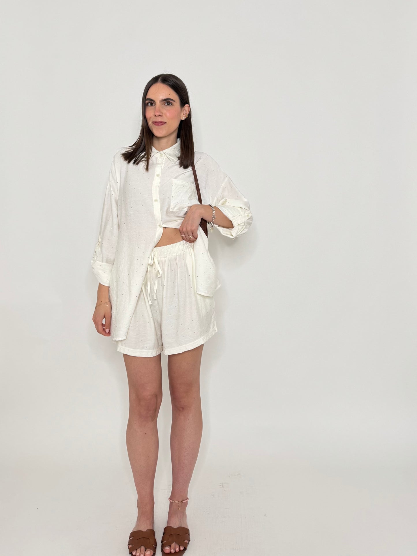 Completo in fresca viscosa micro Strass Panna