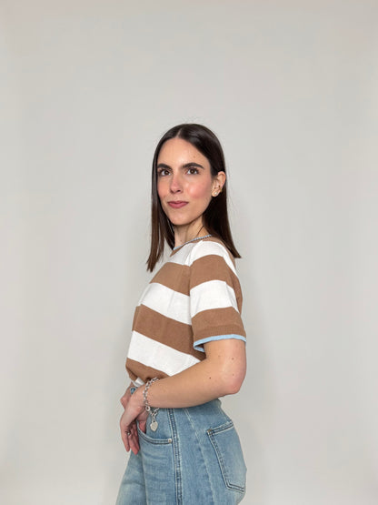 Maglia girocollo a righe manica corta in 100% cotone Panna/Camel/Celeste