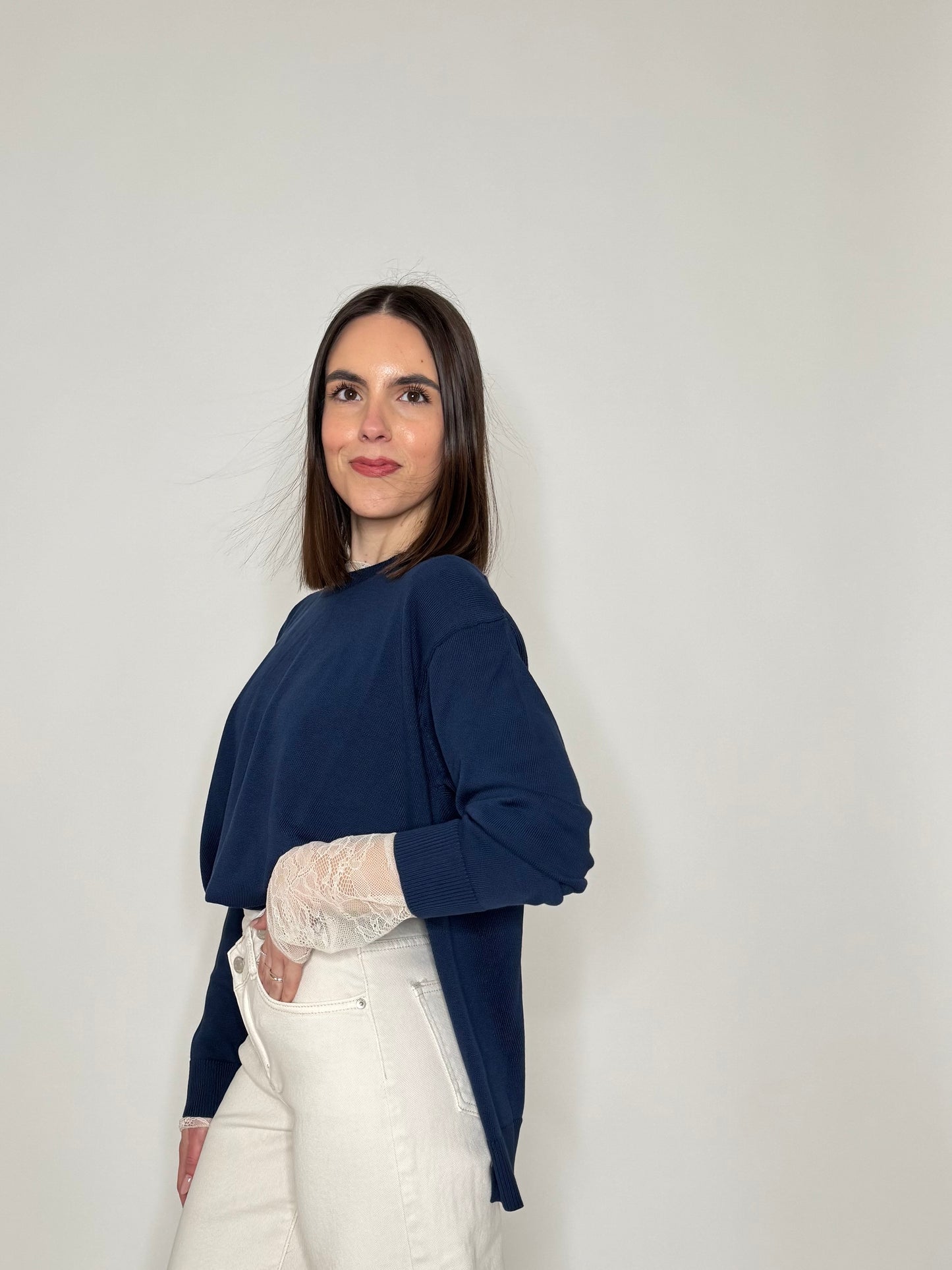 Maglia girocollo scatoletta in 100% cotone Blu Navy