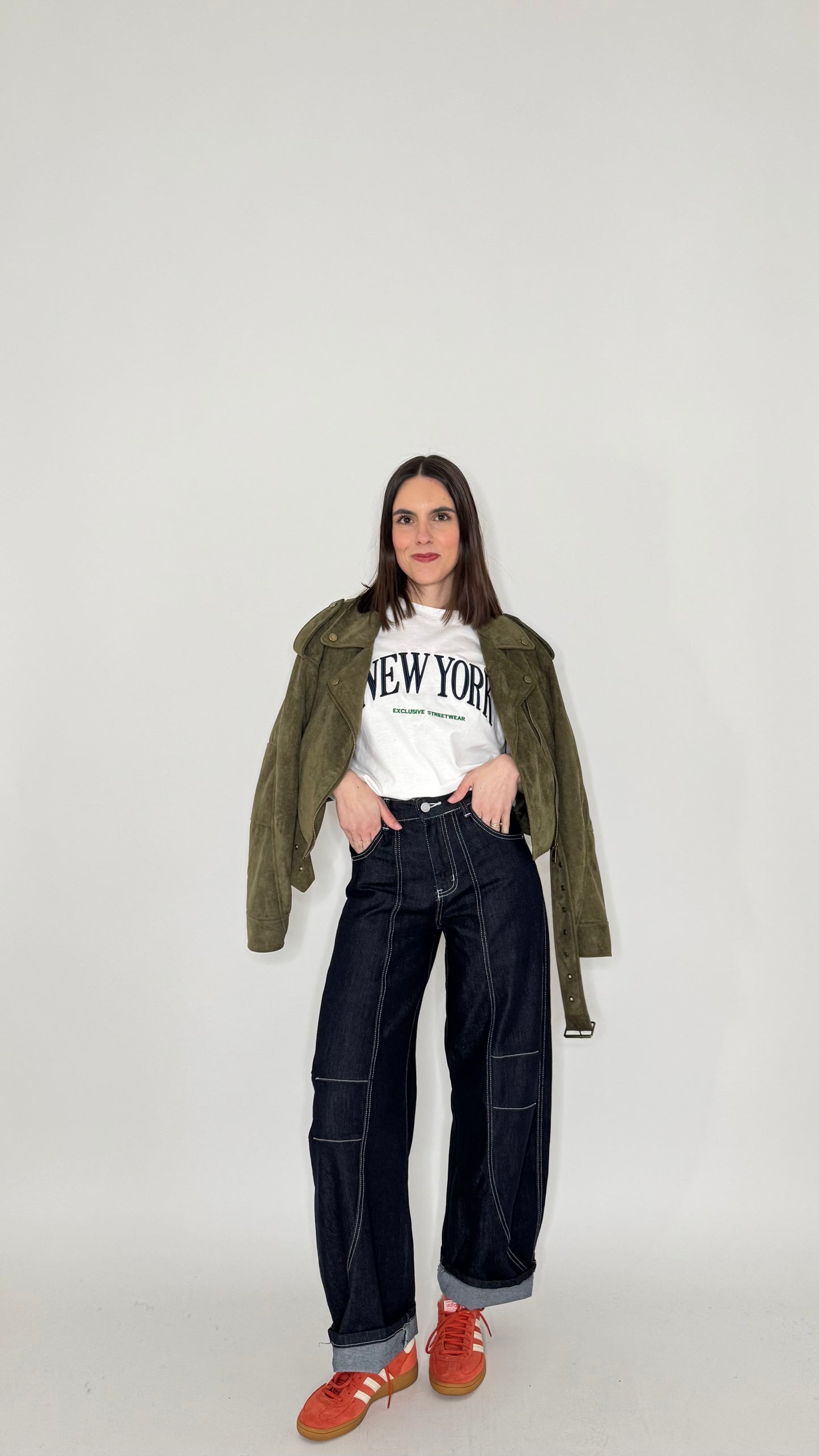 Jeans wide leg barrel con impunture Dark Blu