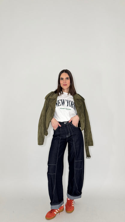 Jeans wide leg barrel con impunture Dark Blu