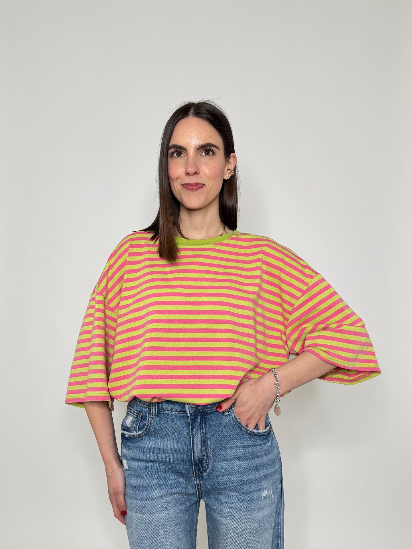 Maglia Felpa a righe light cotton in cotone Verde/Rosa