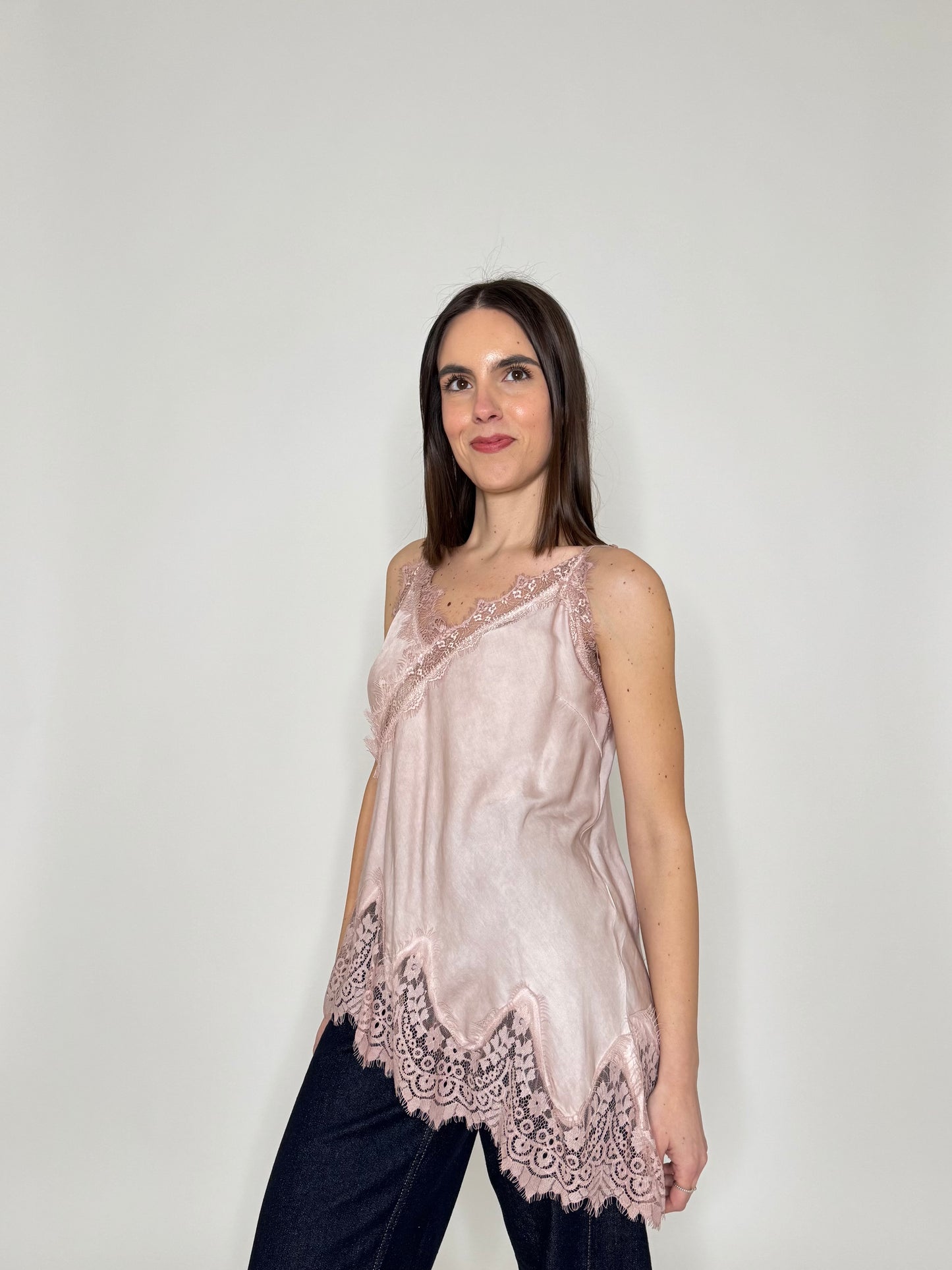 Top pizzo asimmetrico in 100% viscosa satin - Rosa antico