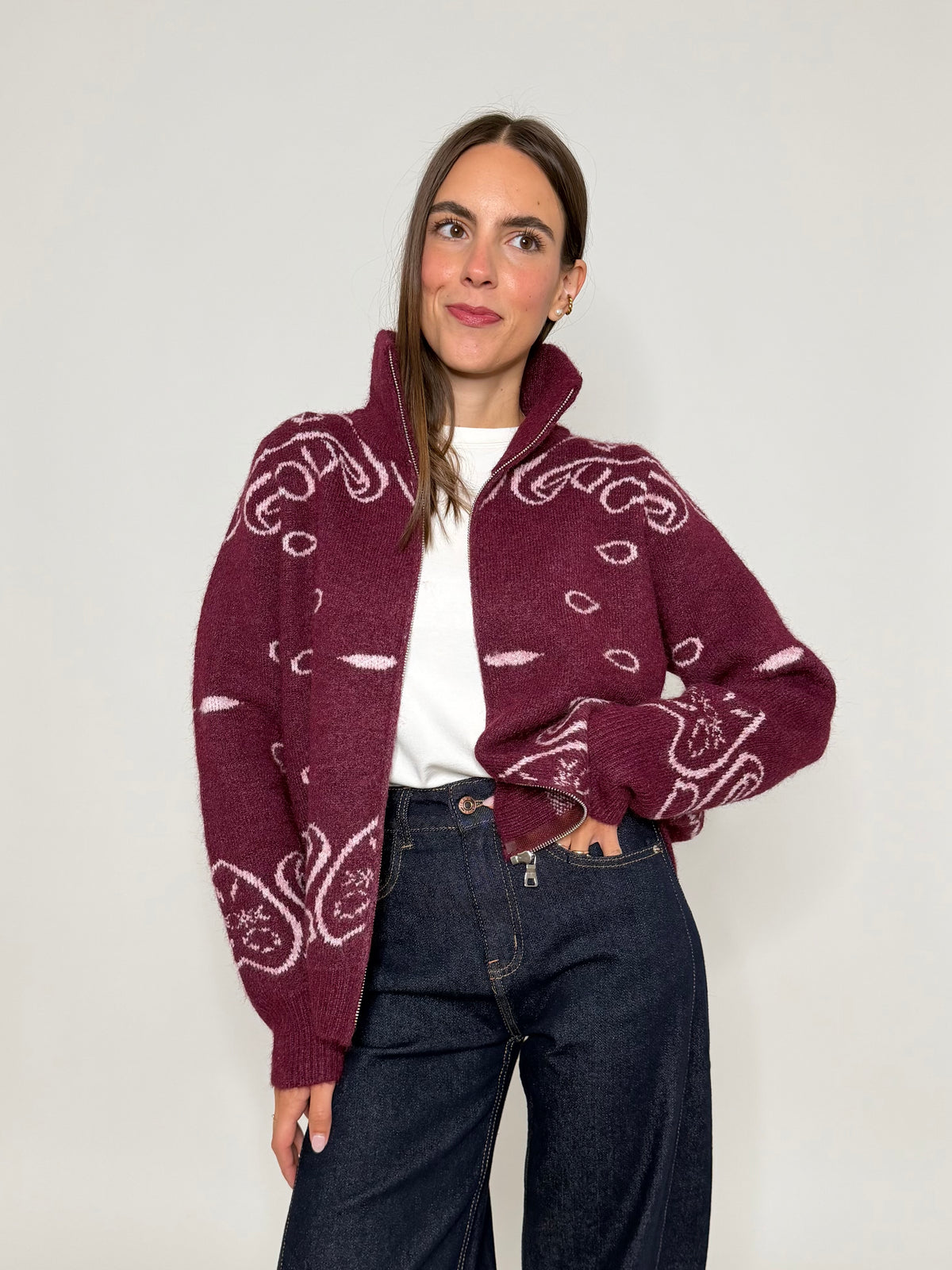 Cardigan con zip Bandana misto lana Bordeaux