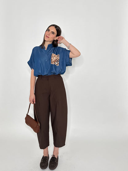 Camicia in chambray con taschino pailletes