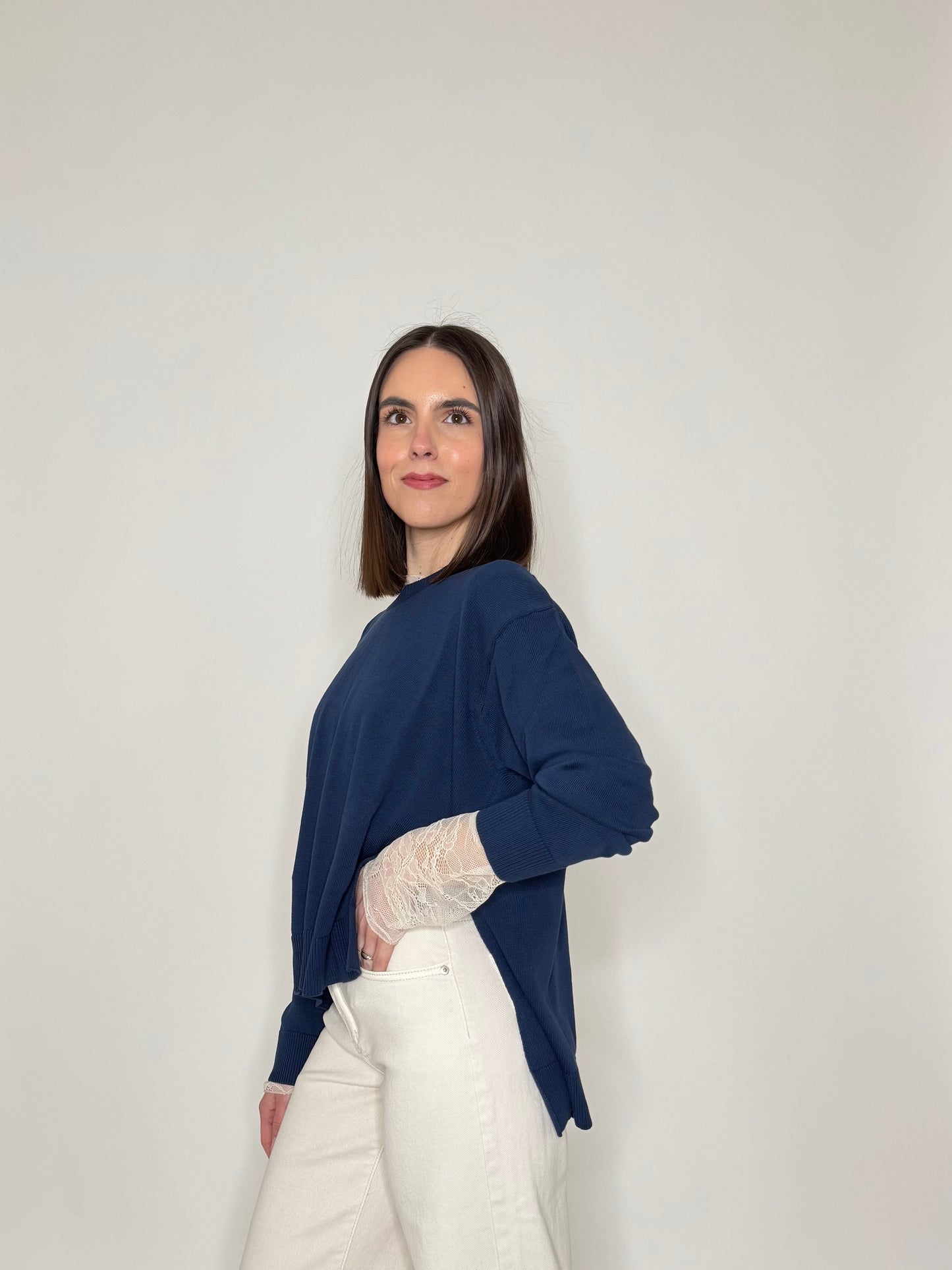 Maglia girocollo scatoletta in 100% cotone Blu Navy