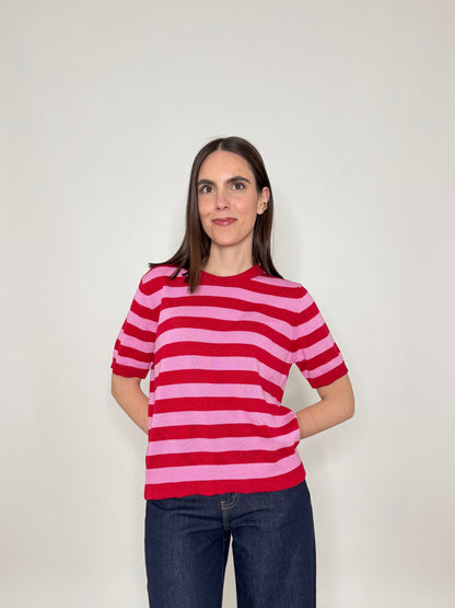 Maglia girocollo a righe manica corta in 100% cotone Fragola/Confetto