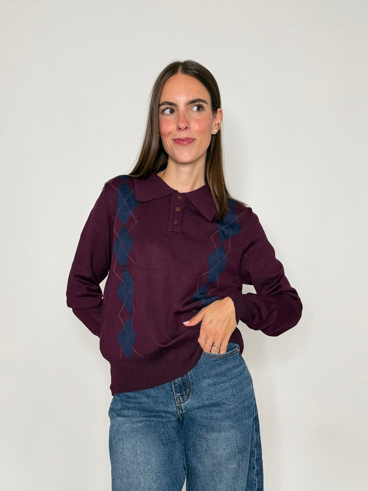 Polo a rombi in viscosa burgundy