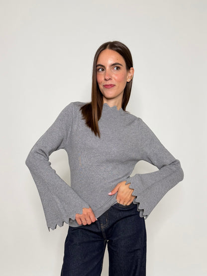 Maglia in morbida viscosa zigzag con manica a campana grigio