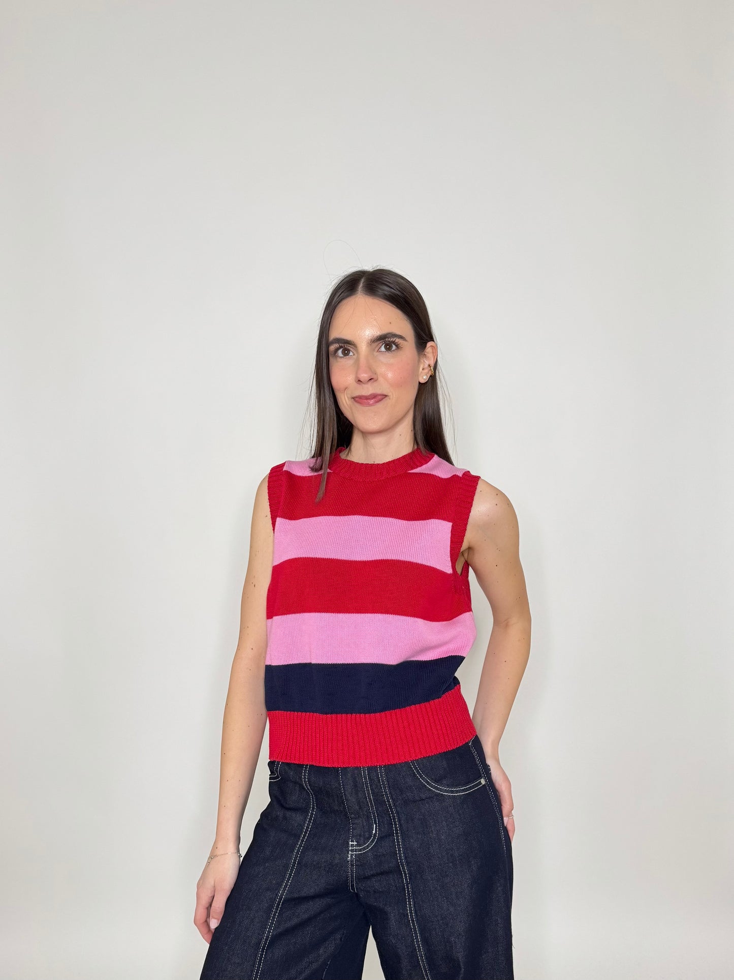 Gilet basic a righe 100% cotone Confetto/Fragola/Blu