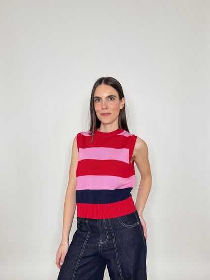 Gilet basic a righe 100% cotone Confetto/Fragola/Blu
