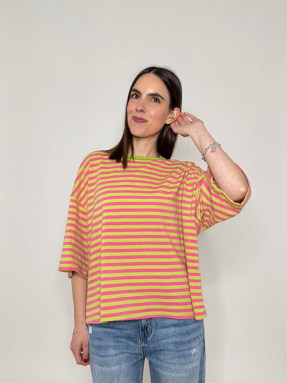 Maglia Felpa a righe light cotton in cotone Verde/Rosa