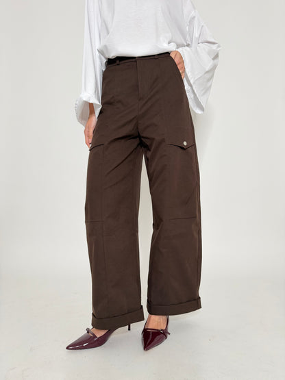 Pantalone cargo wide leg cioccolato