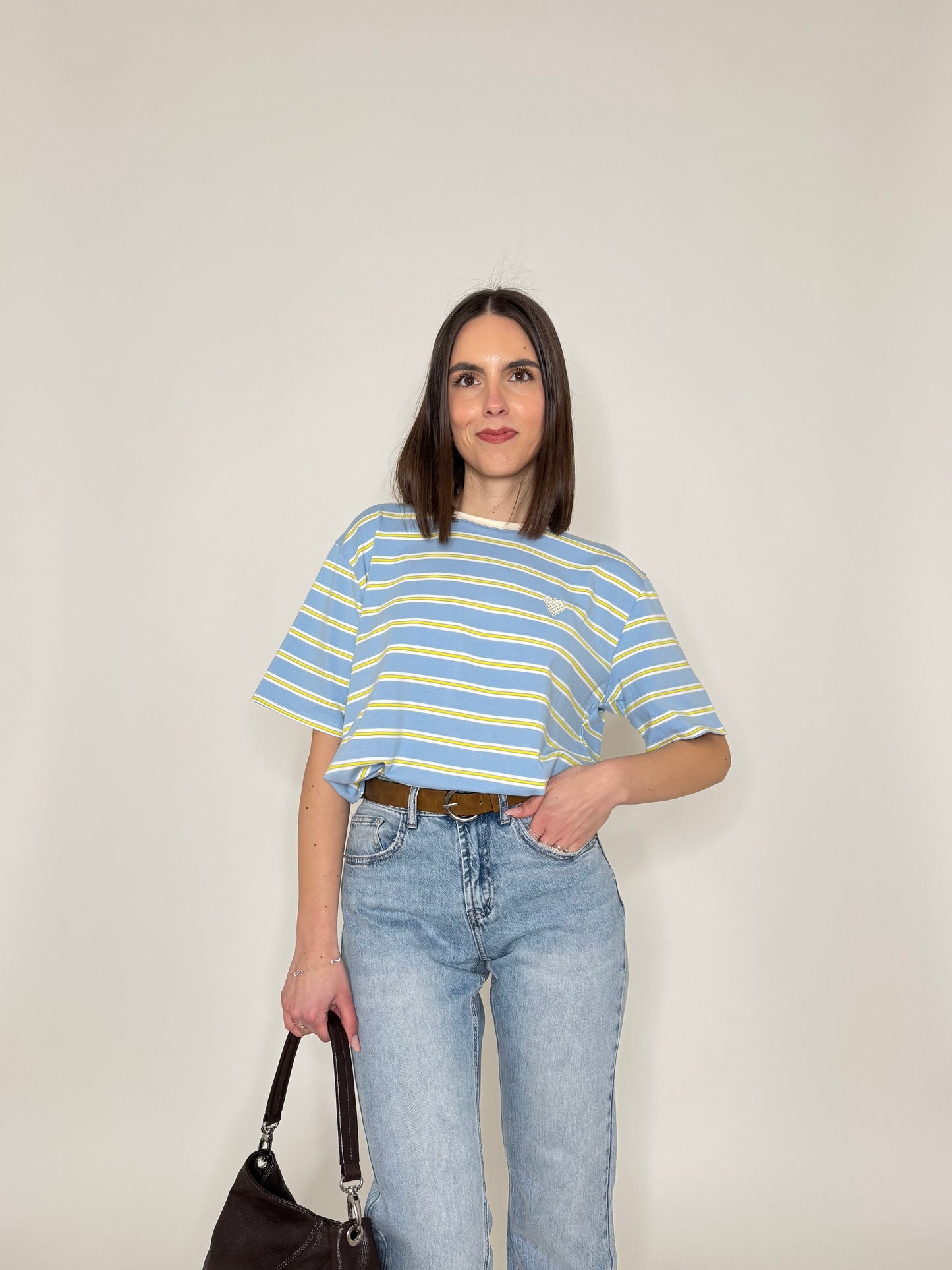 T-shirt millerighe con ricamo in cotone - Celeste