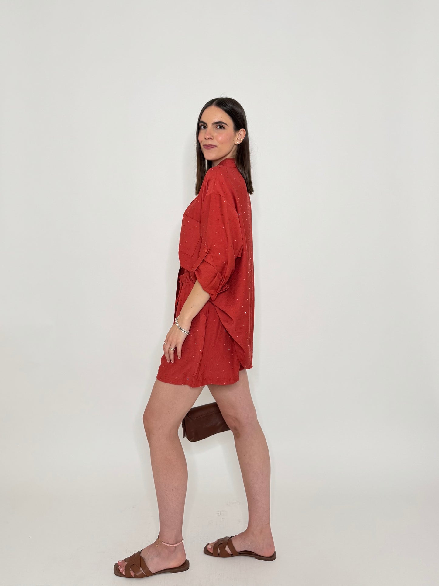 Completo in fresca viscosa micro Strass Corallo