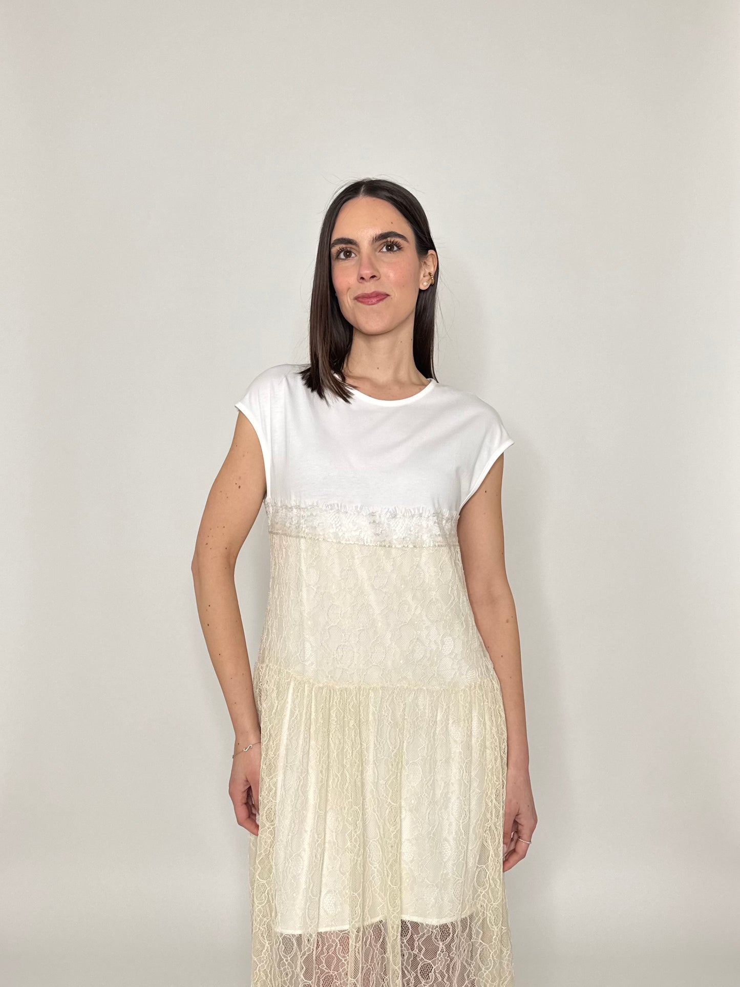 Abito lungo pizzo in cotone Crema/Bianco