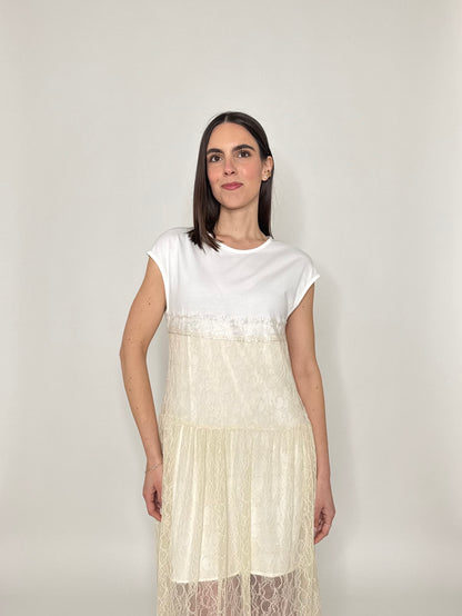 Abito lungo pizzo in cotone Crema/Bianco