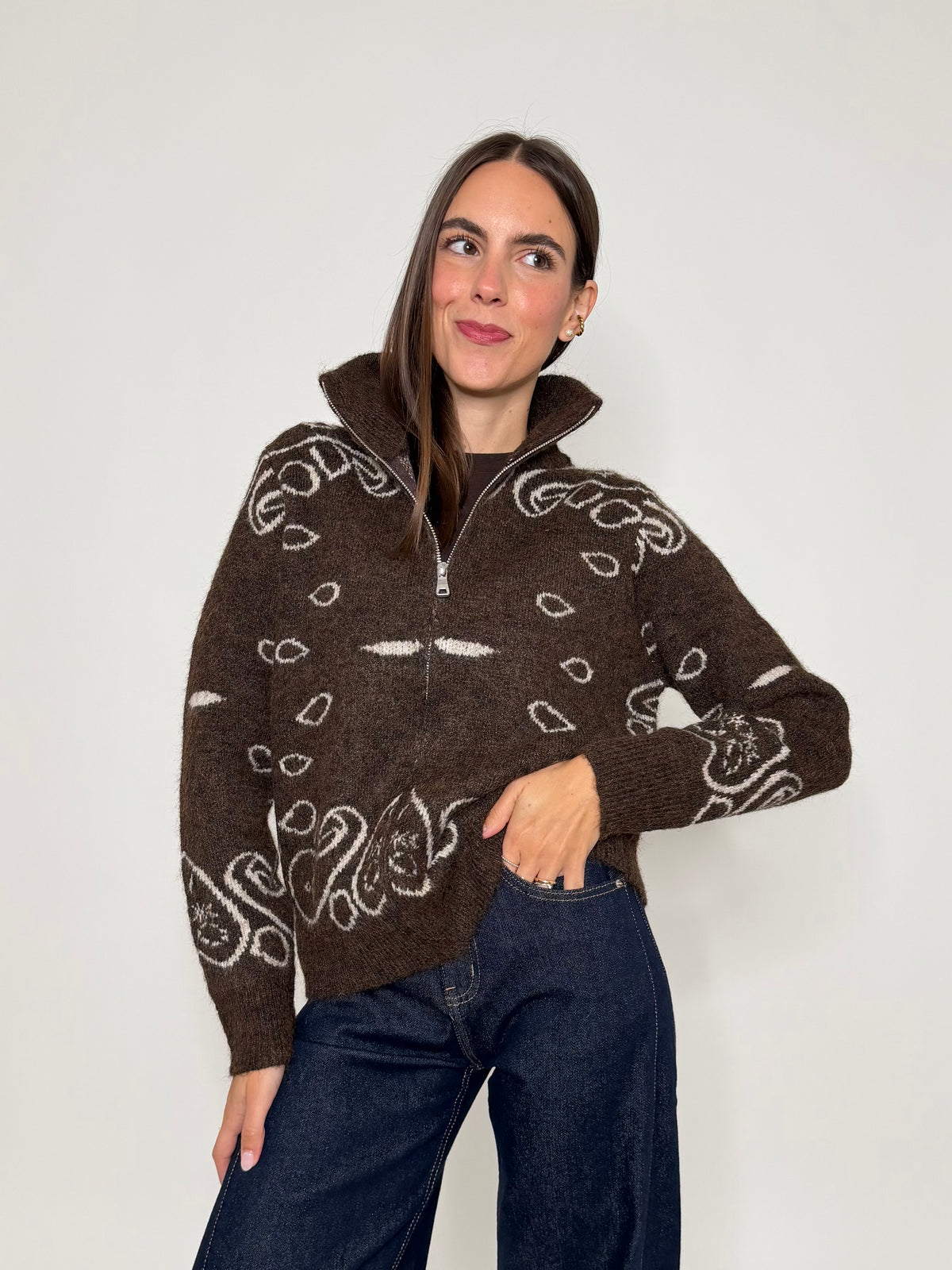 Cardigan con zip Bandana misto lana Cioccolato