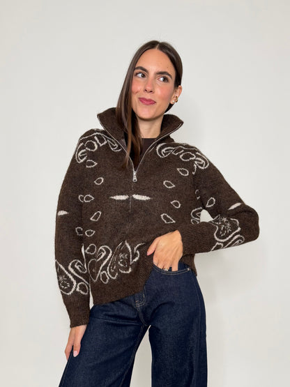 Cardigan con zip Bandana misto lana Cioccolato