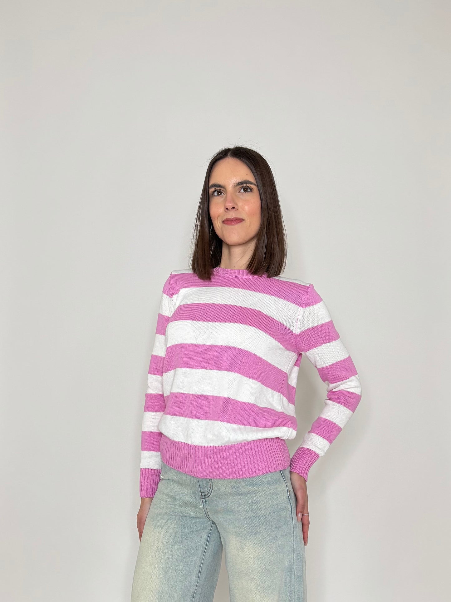 Maglia girocollo a righe in 100% cotone Confetto/Panna