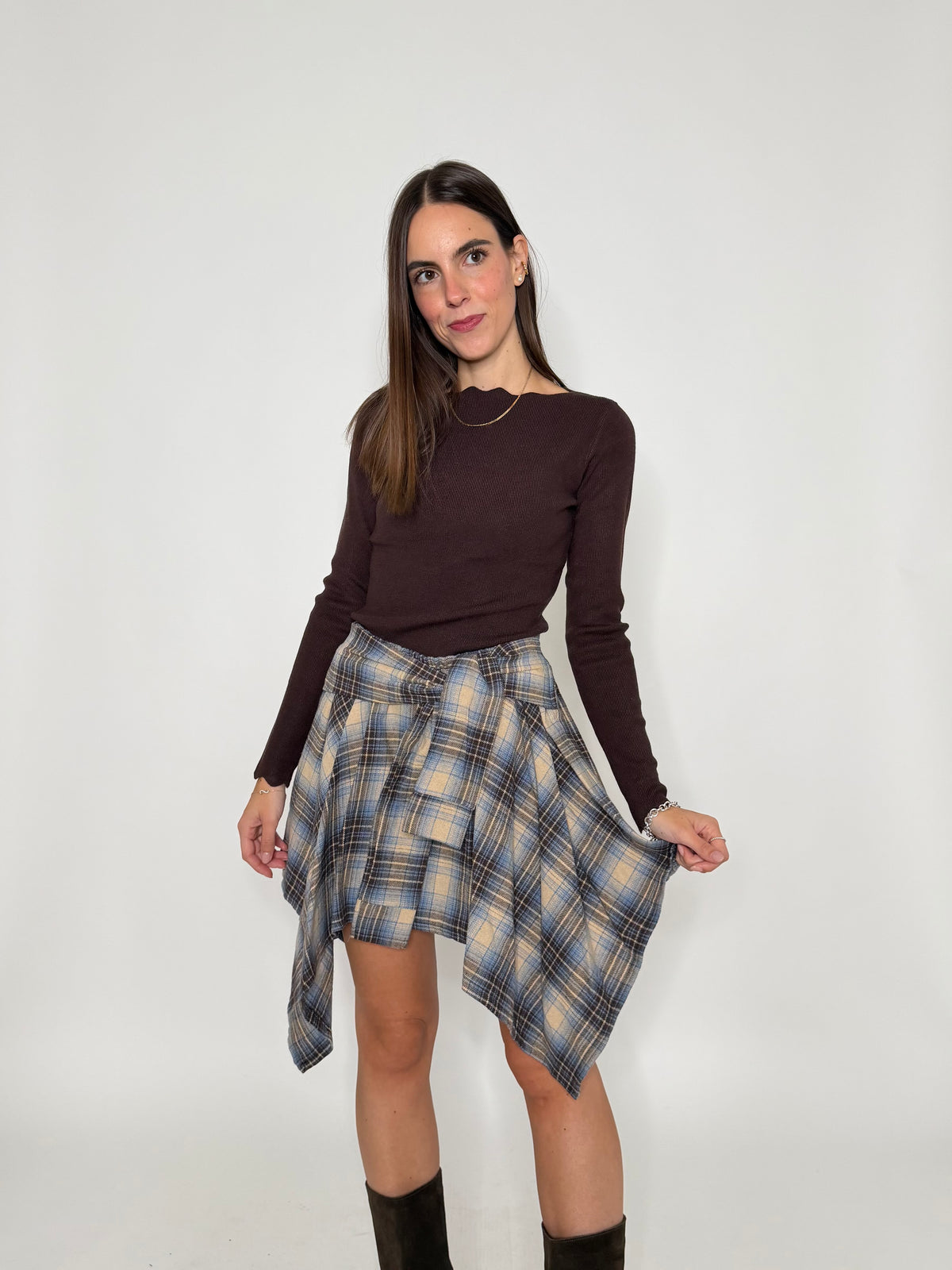 Gonna a camicia con pantaloncino fantasia tartan vintage beige
