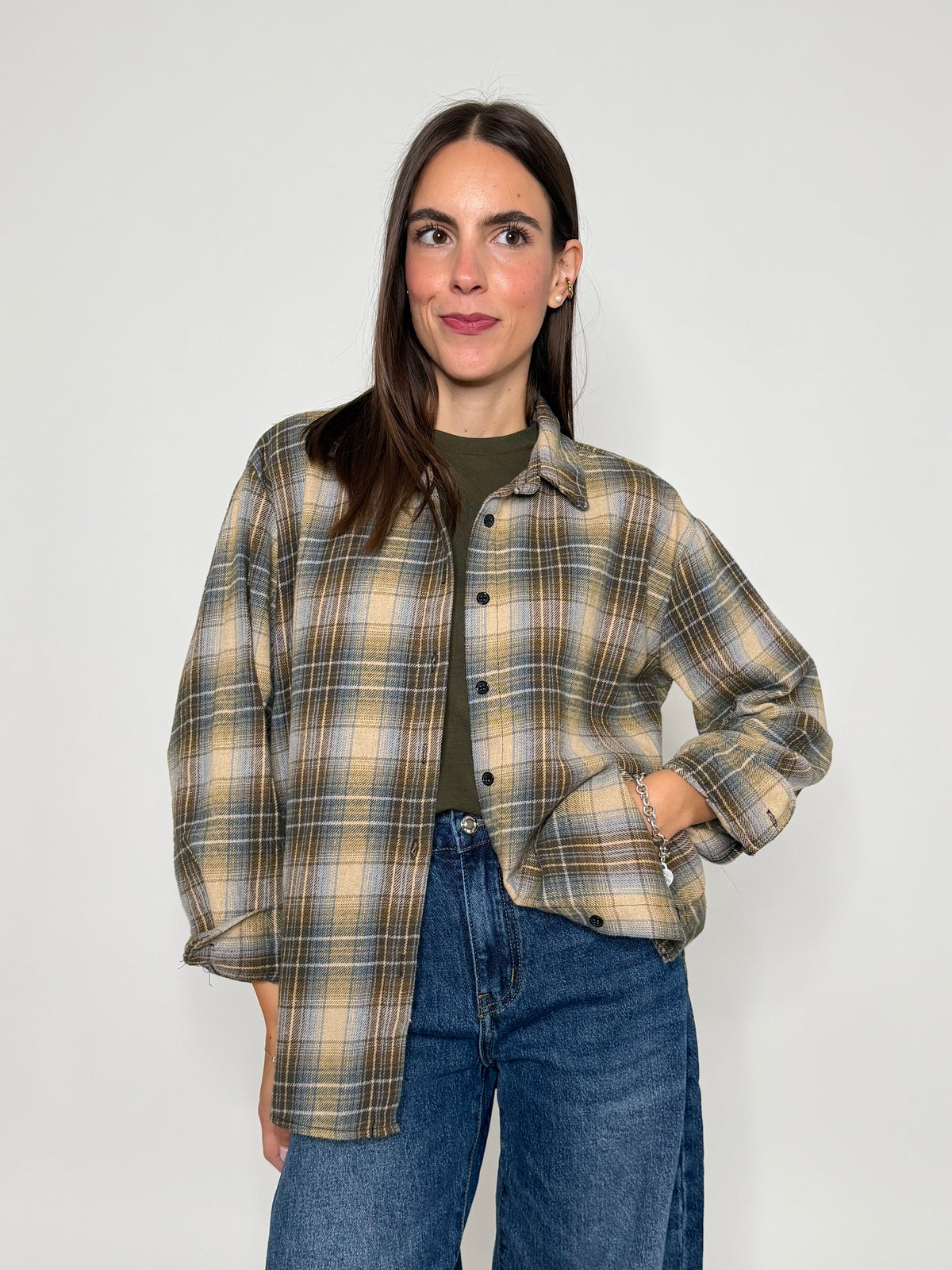 Camicia check vienna in cotone verde/celeste