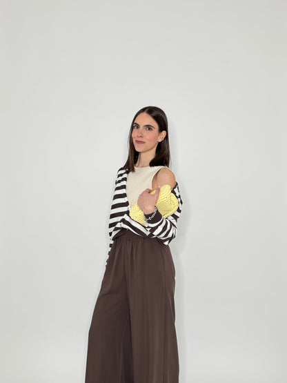 Cardigan in 100% cotone a righe girocollo Panna/Moro