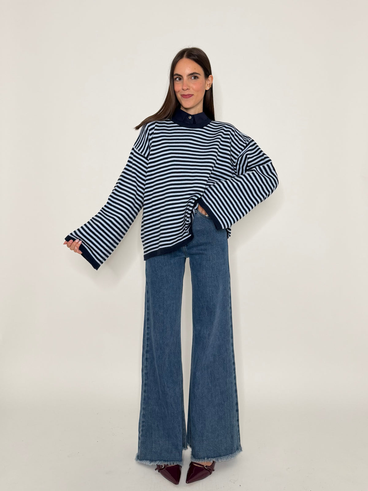 Jeans Wide Leg vita alta sfrangiato in Denim Blu