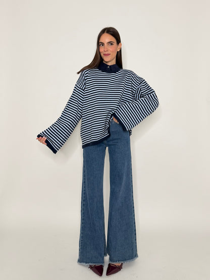 Jeans Wide Leg vita alta sfrangiato in Denim Blu