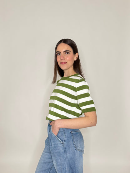 Maglia girocollo a righe manica corta in 100% cotone Pistacchio/Panna