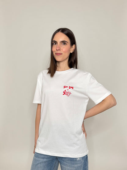 T-shirt in cotone con stampa "Sit like a Lady"